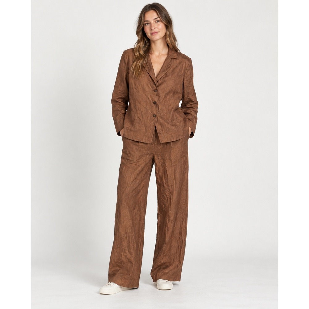 J.Jill Brown Pinstripe Cotton Linen Blazer 6 and Wide Leg Pants 10 Suit Set